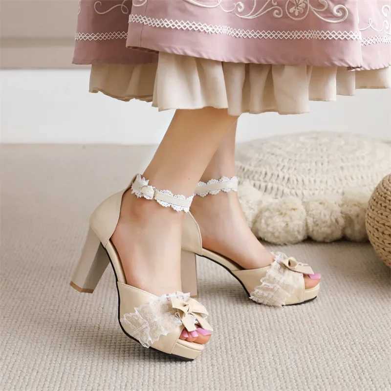 Childrens Fashion Lolita Sandals Sweet Lace Diapers Toe Bow High Heels Girls New Mary Jens Cosplay Princess Shoes W250108
