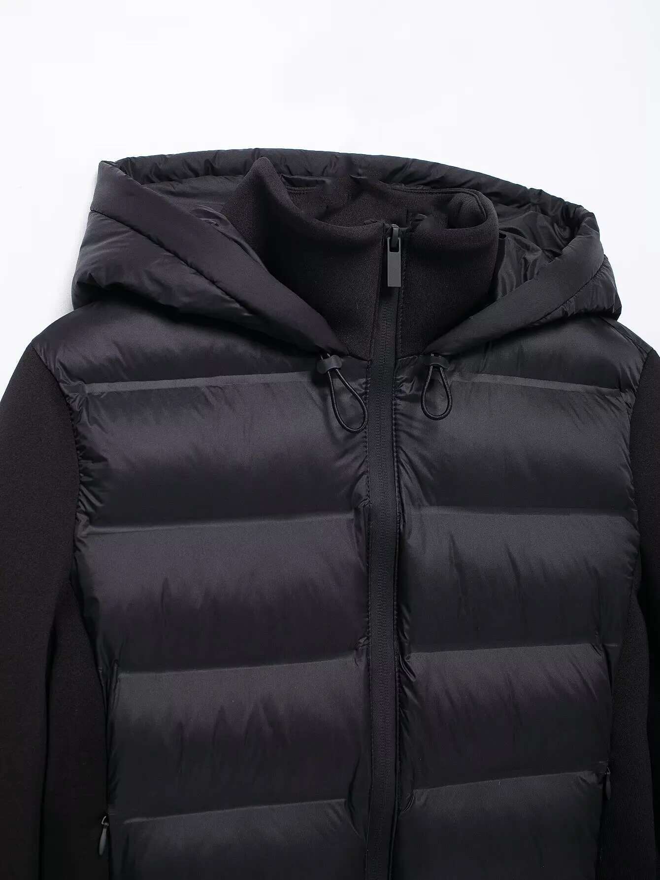Rzra2024 New Winter Women's Black Commuter Versatile Stand-Up Collar Hooded Slim Cotton Jacket With Splicing Sleeves
