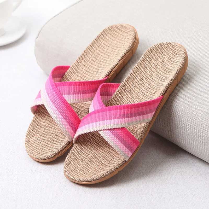 New Arrival Mntrerm new home casual sports shoes summer mixed color floor womens indoor flat shoes cross linen slippers Terlik T250108