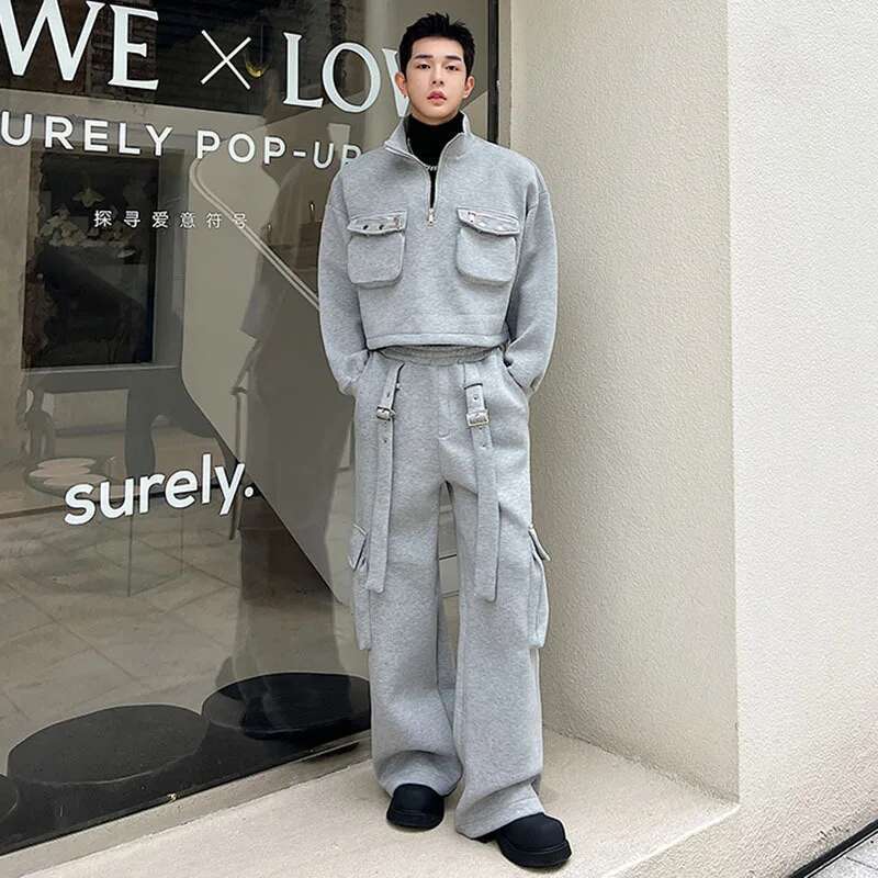 Street Men's Stylish Two Piece Set High Quality Pockets Splicing Design Tops Casual Cargo Pants Clothes Loose