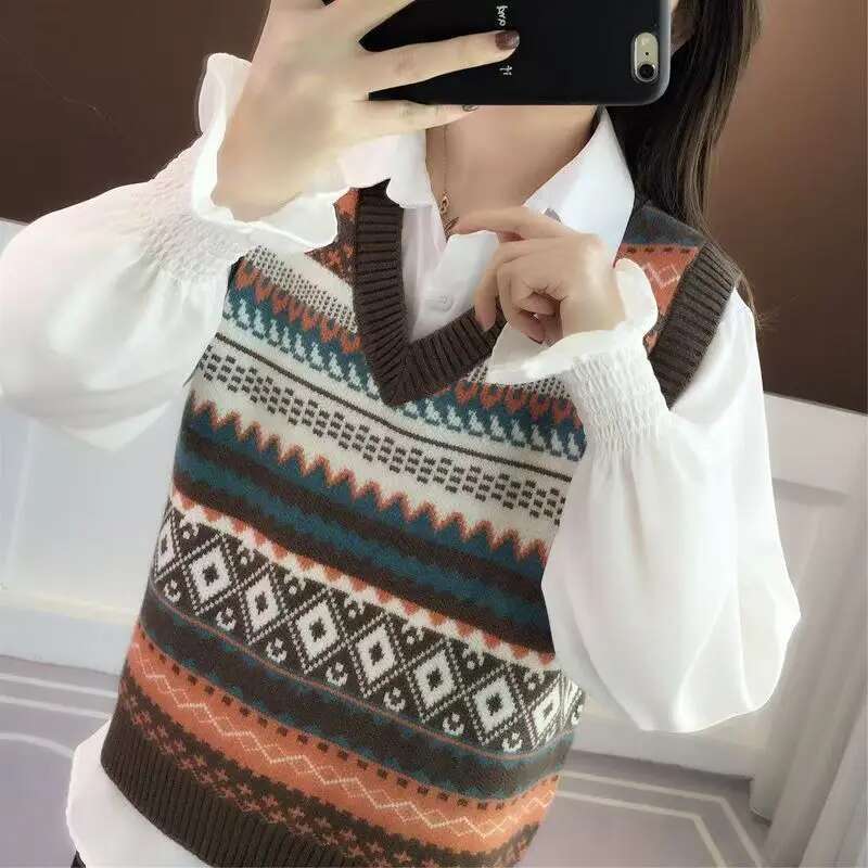 Autumn Winter V-Neck Sleeveless Fair Isle Retro Elegant Knitted Vest New Women's Sweater Slim Tank Top Pullover Blouse