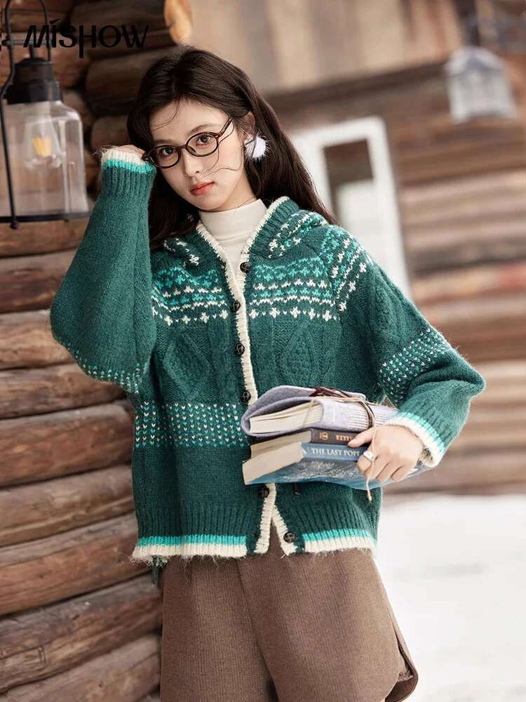 MISHOW Fair Isle Knitting Hooded Sweater Color Clash Wool Blend Coat Cardigan Women Single Breasted Top Office Lady Mxd59z1160
