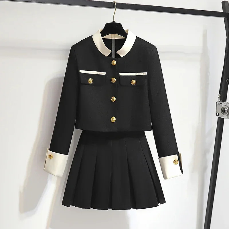 Korean Fashion Two Piece Sets Womens Outifits Autumn Long Sleeved Stand Up Collar Women Coat High Waist Slim Pleated Skirt 250109