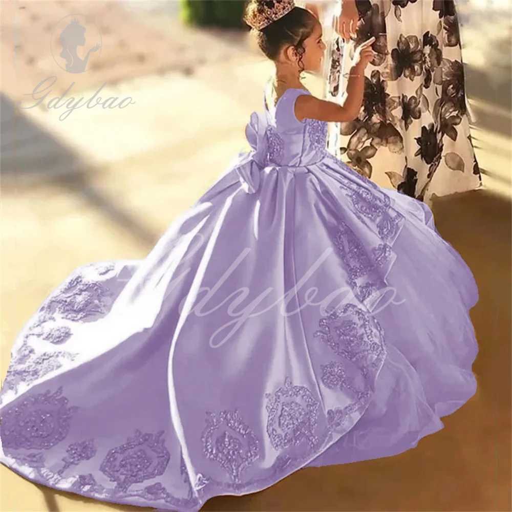 High Quali First Communion Dresses Kids Evening Ball Gown Gold Applique Bow Girls Pageant Dress Satin Tulle Flower Girl DressXJ250108