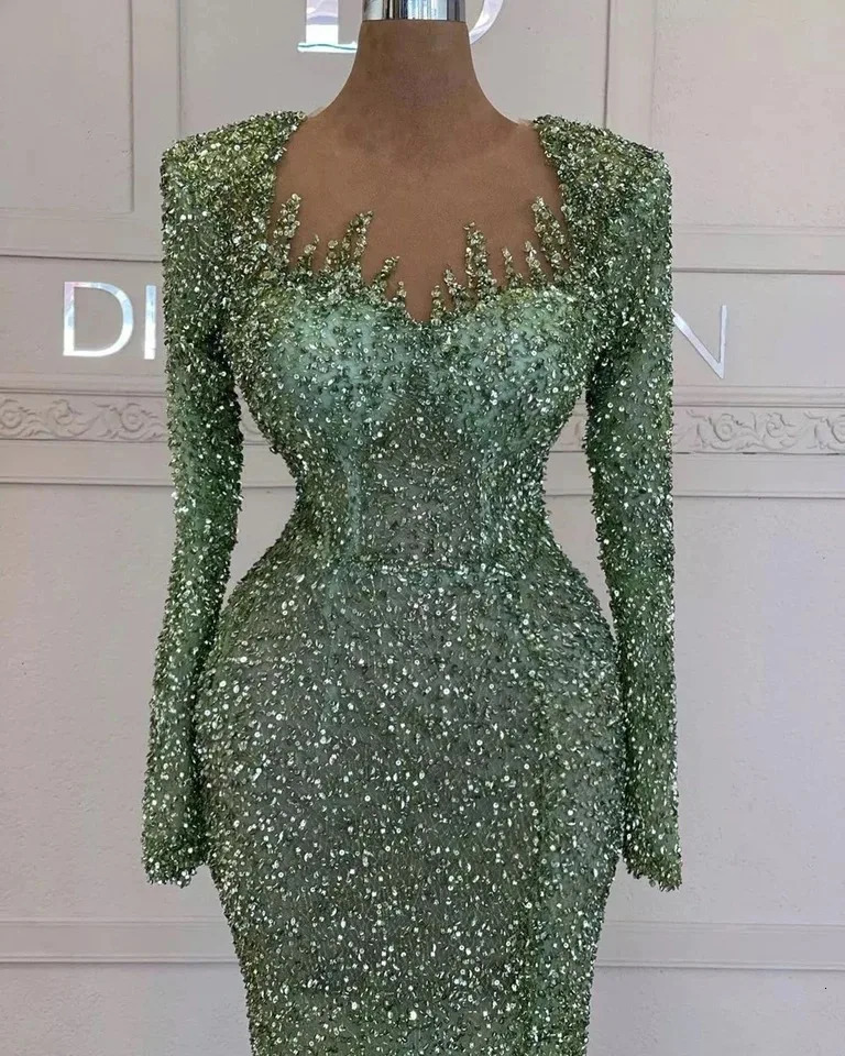 y Sequined Evening Dresses Mermaid Beads Long Sleeve Women Green Formal Prom Graduation Party Gowns for Wedding Customized 250109