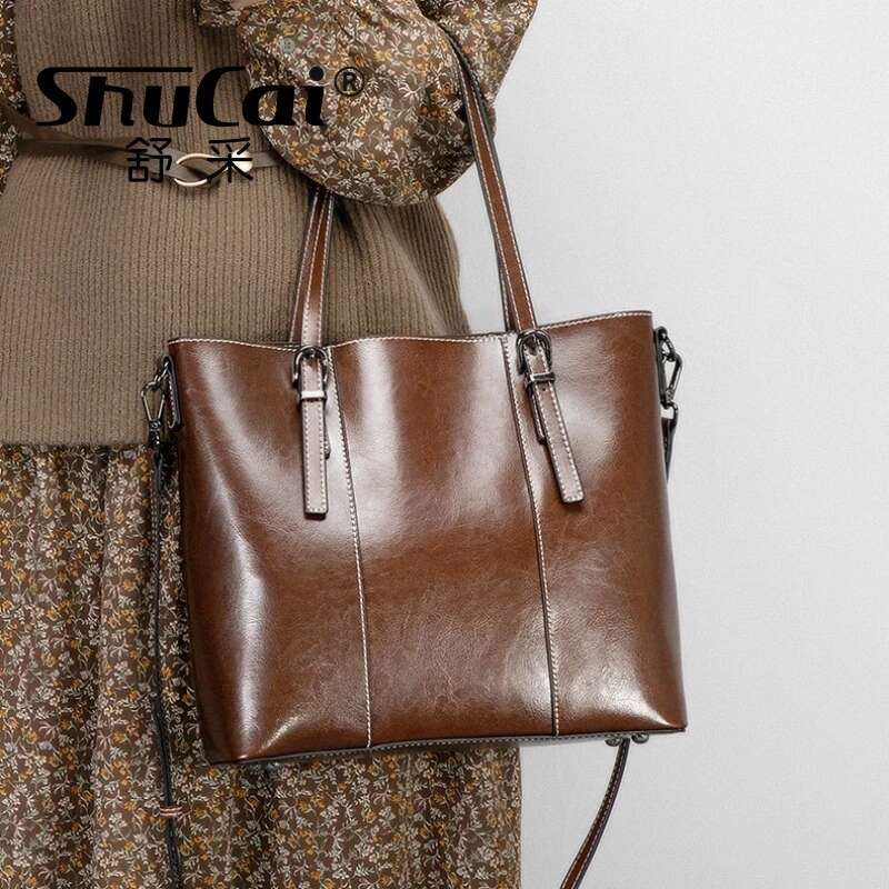 Woman Shoulder Soft Leather Large Square Tote Vintage Fashion Cowhide Handbag Shopping Crossbody Bag 2025 New