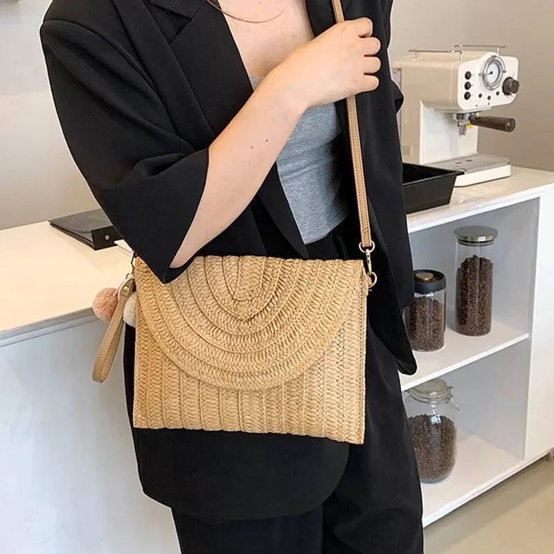 Handmade Straw Beach Shoulder Crossbody Bag Girls Envelope Woven Summer Small Hair Ball Cluth 250106