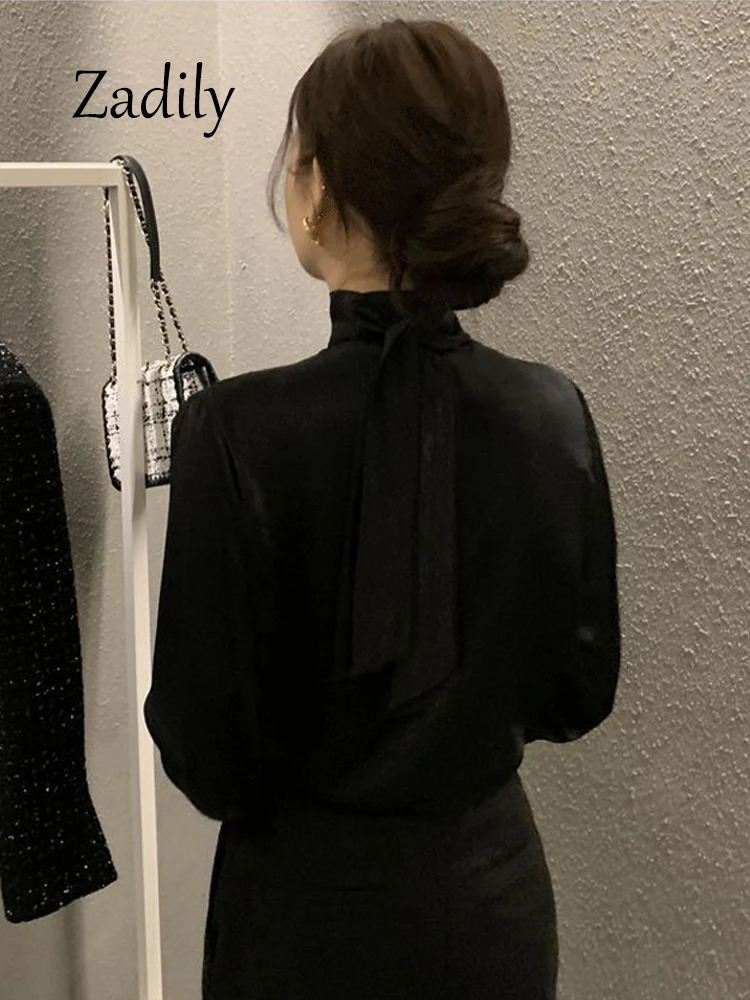 Zadily Spring Office Lady Long Sleeve Women Satin Blouse Korea Style V Neck Bandage Woman Shirt Female Clothing Tops 250109