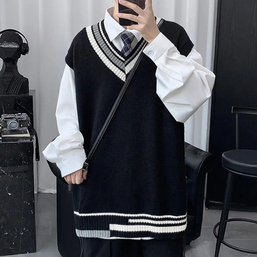 Men Asymmetrical Pattern Sweater Couple Matching Sweaters Colorblock V Neck Mens Vest Preppy Business Style for Mid 250107