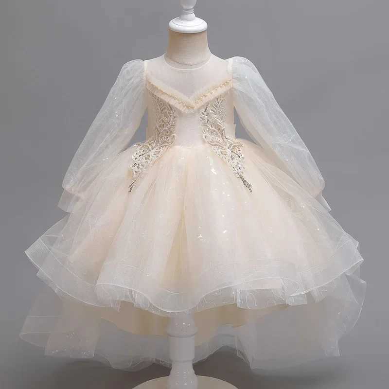 Fashion Kids Dresses for Girls Lace Long Sleeve Flower Girl Dresses for Weddings Summer Children Girls Par Dress 3-12 YearsXJ250108
