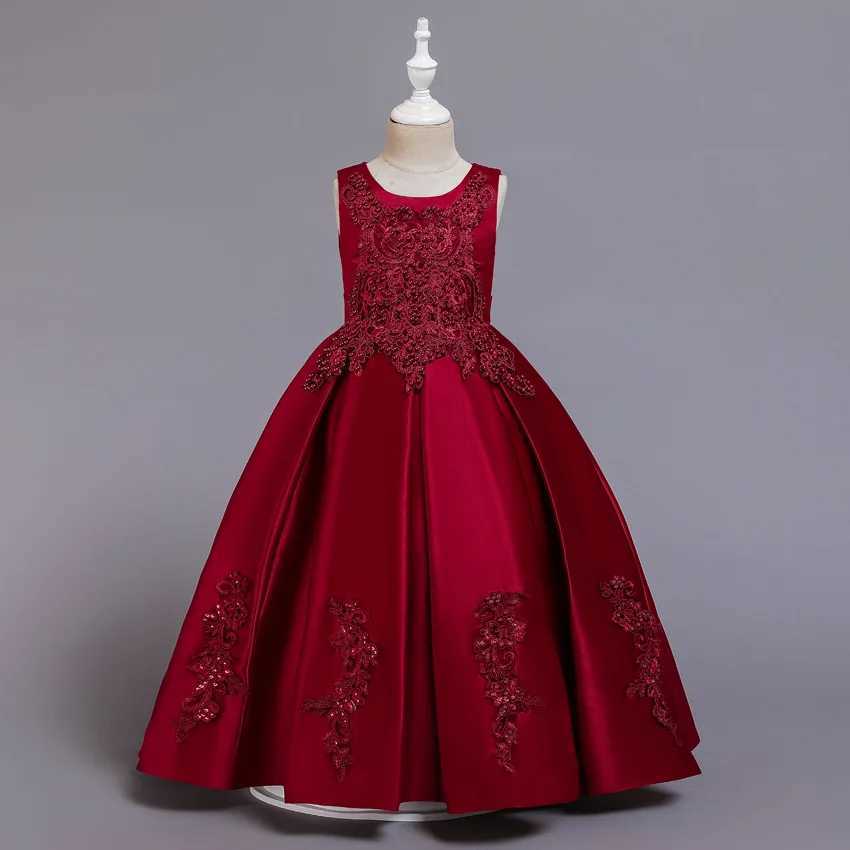 Girls Ground-Length Dress Embroidered Satin Beaded Dress Host Flower Girl Princess Dress Runway Dress Girls Birthday DressXJ250108