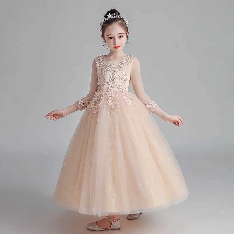 Fashion Flower Girl Dresses for Weddings Lace Long Sleeve Kids Dresses for Girls Summer Girls Par Dresses 3-13 YearsXJ250108