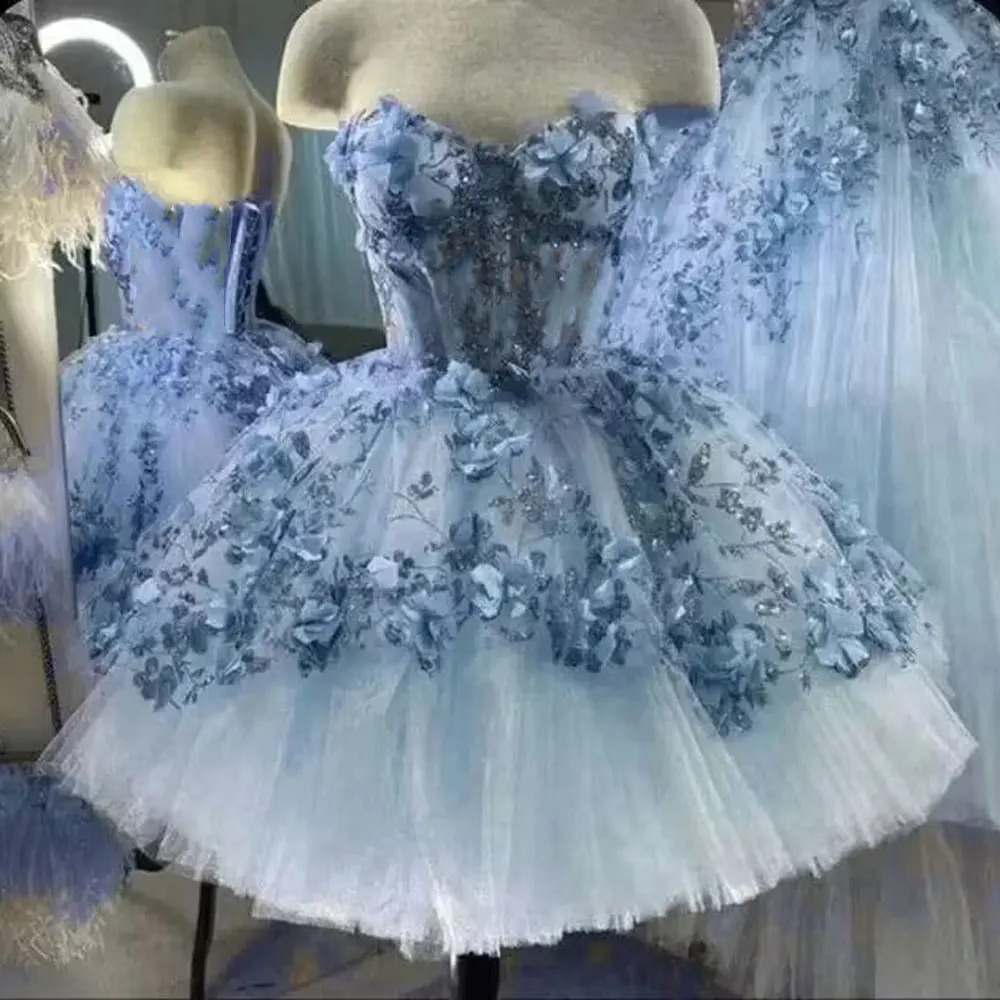Glittering 3D Flowers Short Prom Dresses Ball Gown Sweetheart Birthday Party Evening Dress Lace Appliques Corset Back Chic Special Occasion wear Sleev
