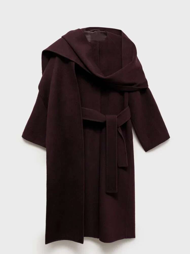 Elegant Bury Red Scarf Collar Woolen Overcoat Women 2024 Fashion Lace Up Long Sleeved Jacket Female Oversized Outerwear