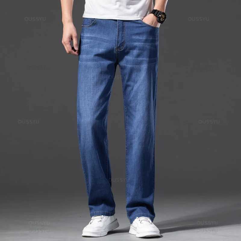 Men Jeans Classic Summer Lyocell Cotton Straight Stretch Brand Denim Pants Overalls Light Blue Fit Trouser Plus Size 40 42 M250610