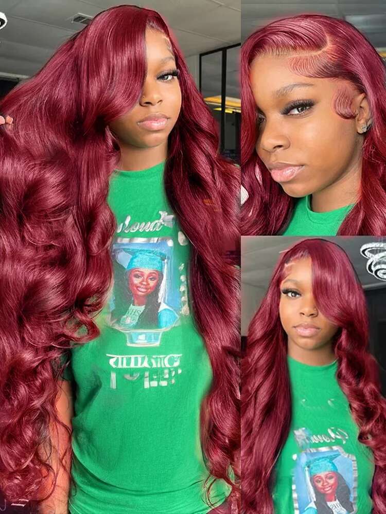 13x6 99J Bury Body HD Transparent 13x4 Front Human Hair 30 40 Inch Red Colored Water Wave Lace Frontal Wigs