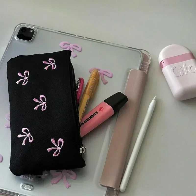 Cute embroidered makeup brush bag on canvas bow shaped square makeup bag cute printed pencil case W250109