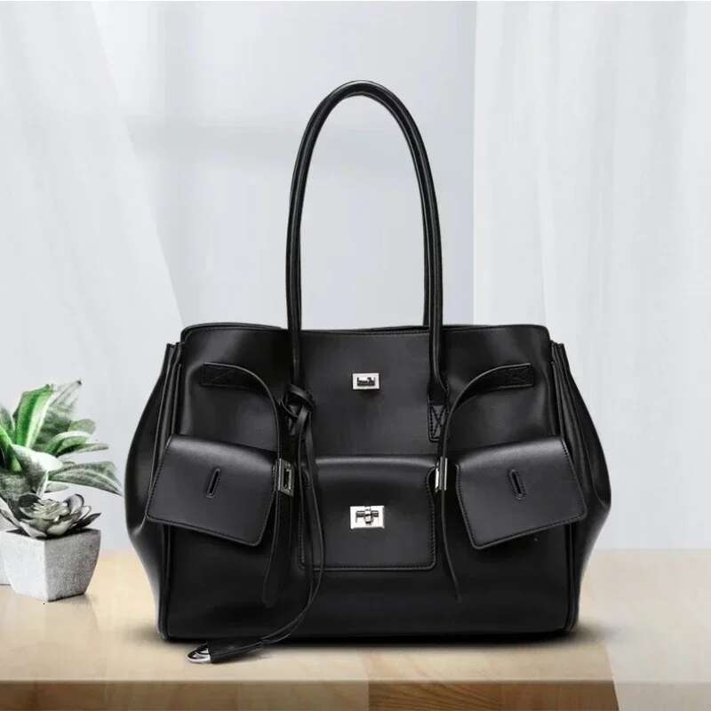 Meet You Design Large Capacity Black Pu Leather Tote Ladies Multi-Pocket Shoulder Bag Office Lady Commuter Handbag