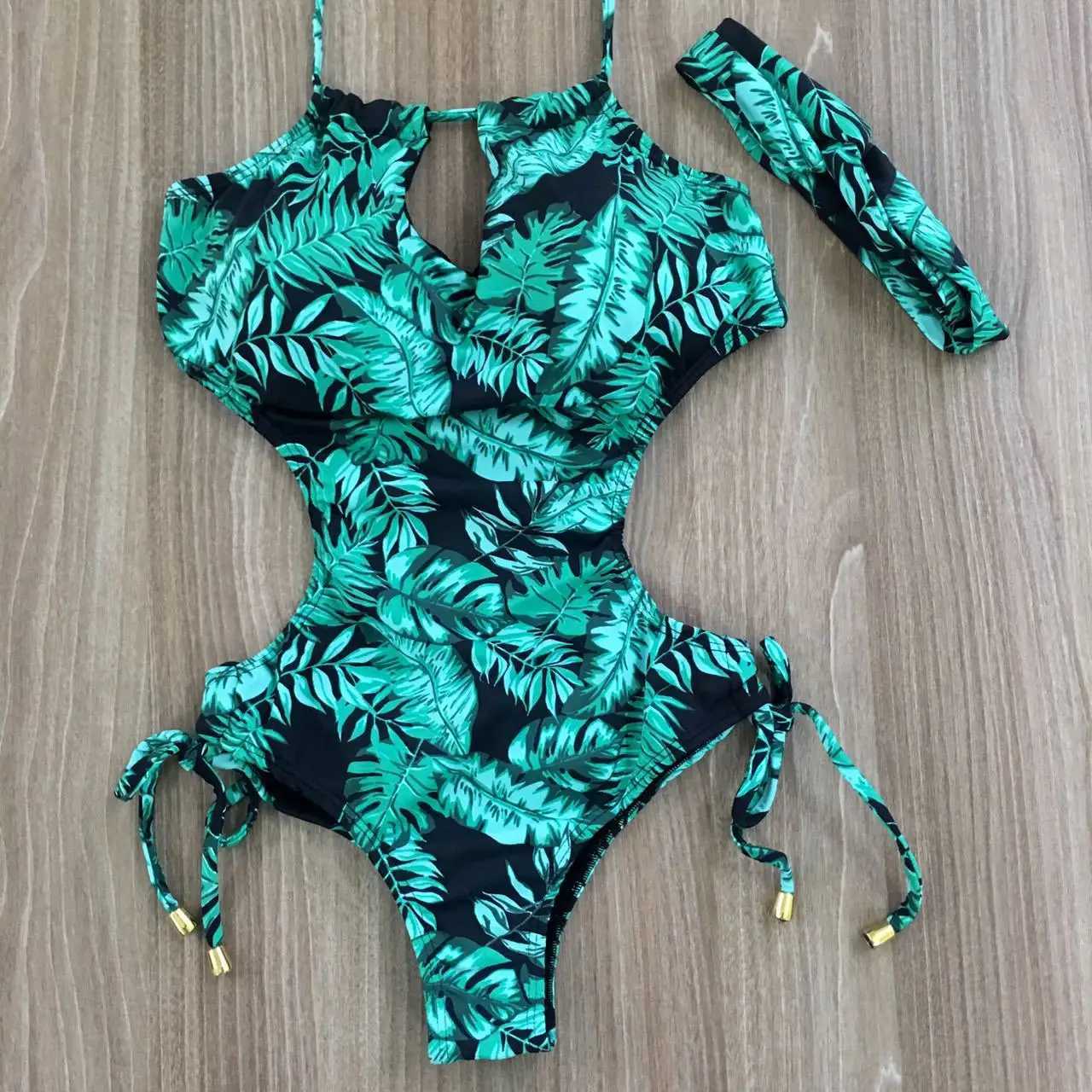 Green af print Cut Out One-Piece Swimsuit Women Sexy ss String Adjust Girls Beach Bathing Suit SwimwearXJ240108