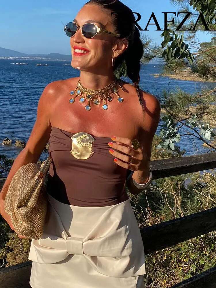 TRAFZA 2024 Summer Metallic Solid Color Sexy Women's Sleeveless Backless Pleated Beach Party Jumpsuit