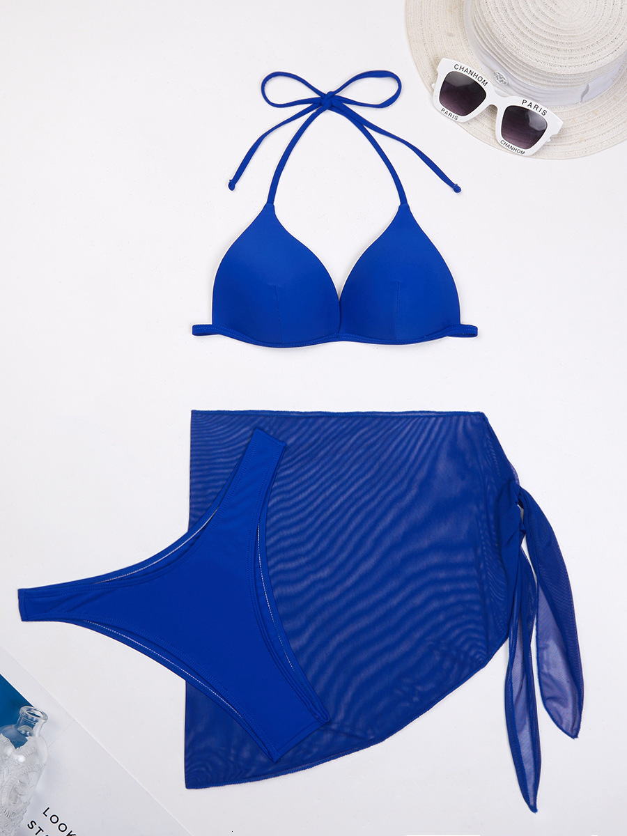 New Sexy Three Sexy Beach Bikini Designer Swimsuit Piece Gauze Skirt Bikini Mesh Red Solid Color Swimsuit