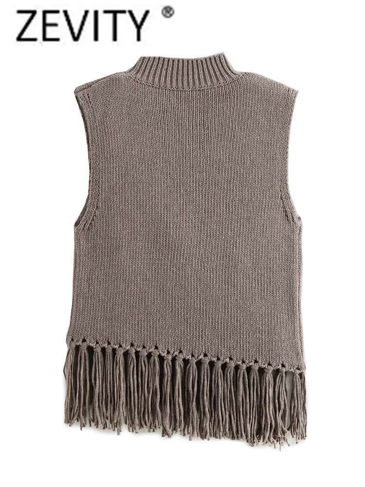 Zevity Women Fashion Sleeveless Cascading Tassel Knitting Vest Sweater Female Chic Stand Collar Waistcoat Pullover Tops Sw7311