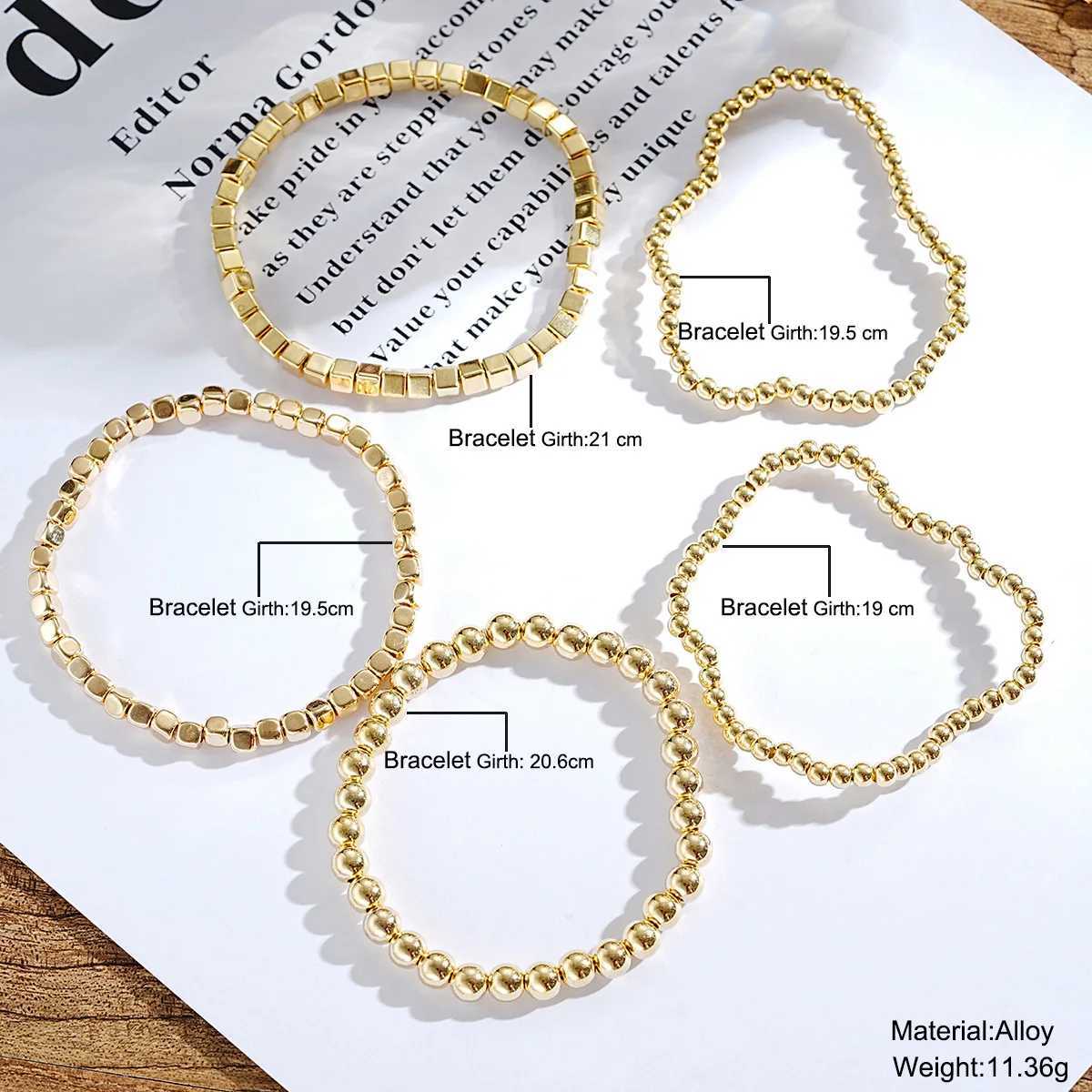 5pcs Boho Fashion Elegant Bracelets For Women New Vintage Geometric Gold Color Elastic Beads Chain Luxury Jewelry Gifts 2024XJ250109