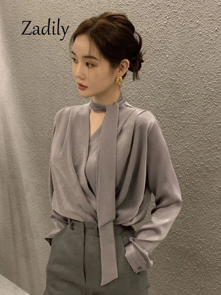 Zadily Spring Office Lady Long Sleeve Women Satin Blouse Korea Style V Neck Bandage Woman Shirt Female Clothing Tops 250109