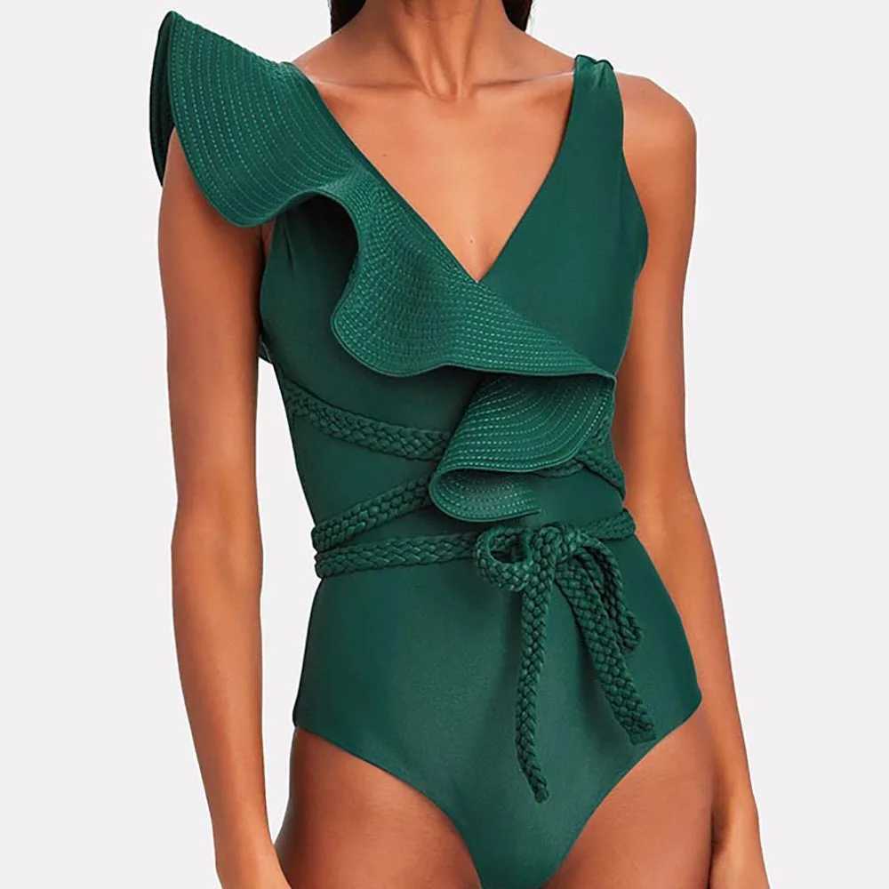 Green Ruffd Solid One-Piece Swimsuit Womens Summer Swiming Suit Sexy 2023 Luxury Shorts Monokini Bandage BourkiniXJ240108