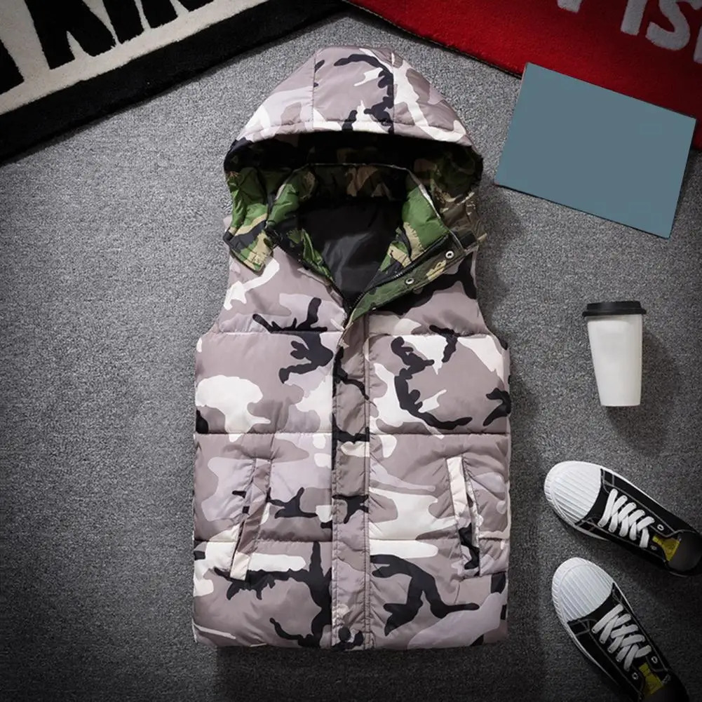 Winter Men Waistcoat Camouflage Thickened Cotton Padded Windproof Zipper Hooded Vest Coat for Daily Wear 250107