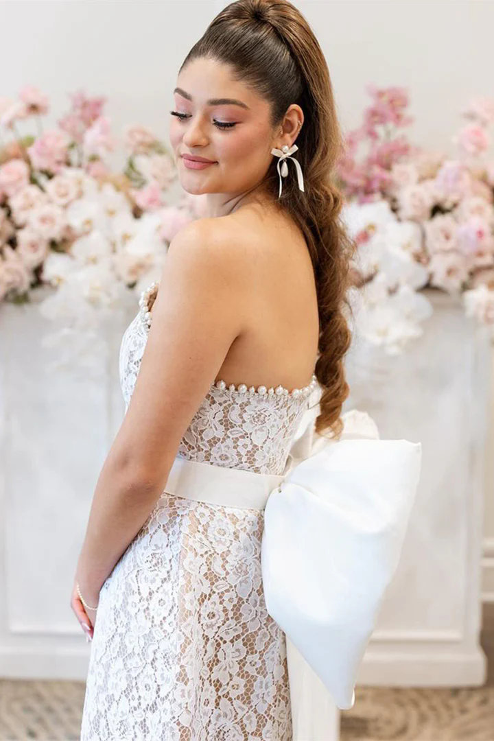 Princess Lace Short Wedding Dress Women Pearls Strapless Sleeveless Satin Simple Bridal Gown Vestido De Noiva Customized