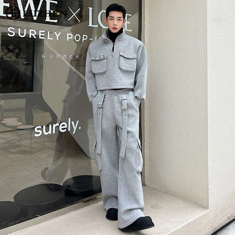 Street Men's Stylish Two Piece Set High Quality Pockets Splicing Design Tops Casual Cargo Pants Clothes Loose