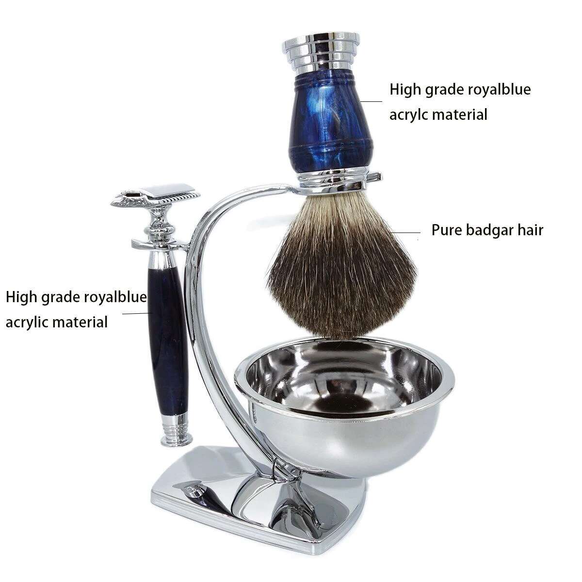 Magyfosia Classic 4 in 1 Mens Shaving Kit T-Shaped Double Edges Close Smooth Razor Royal Blue Handles Brush Stand & Soap Bowl