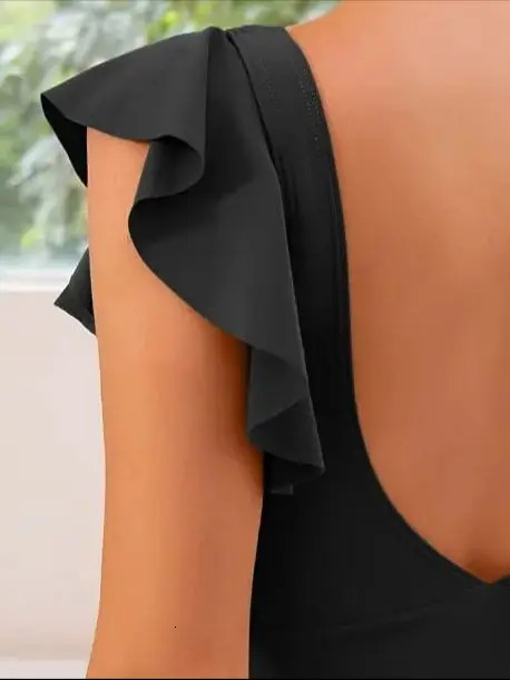one-piece slim solid color printed cross hollow ruffle swimsuit for women 250106