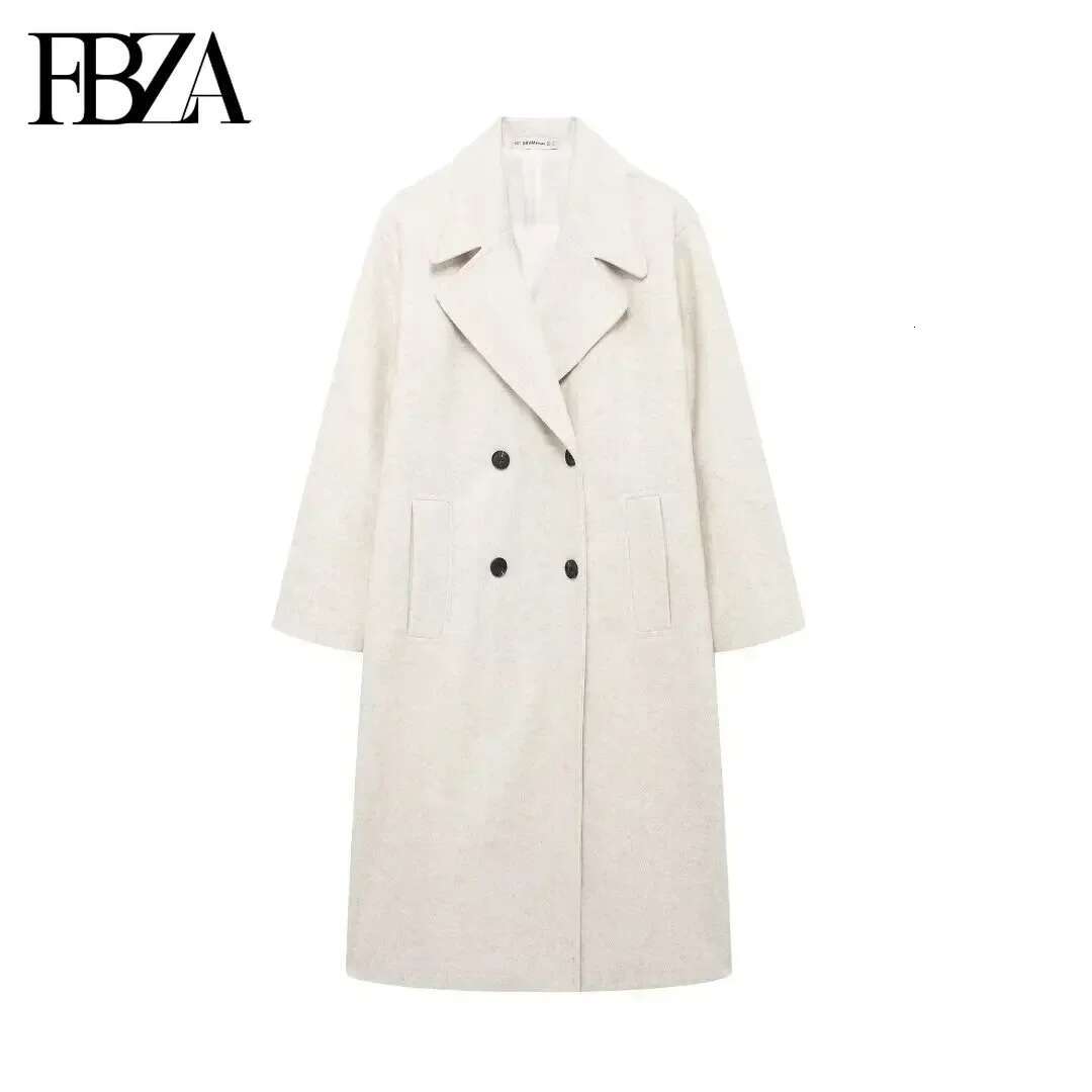 FBZA Women Fashion Autumn Winter 2024 New Wool Blend Warmth Loose Long Coat Jacket Double Breasted Lapel Overcoat Trench