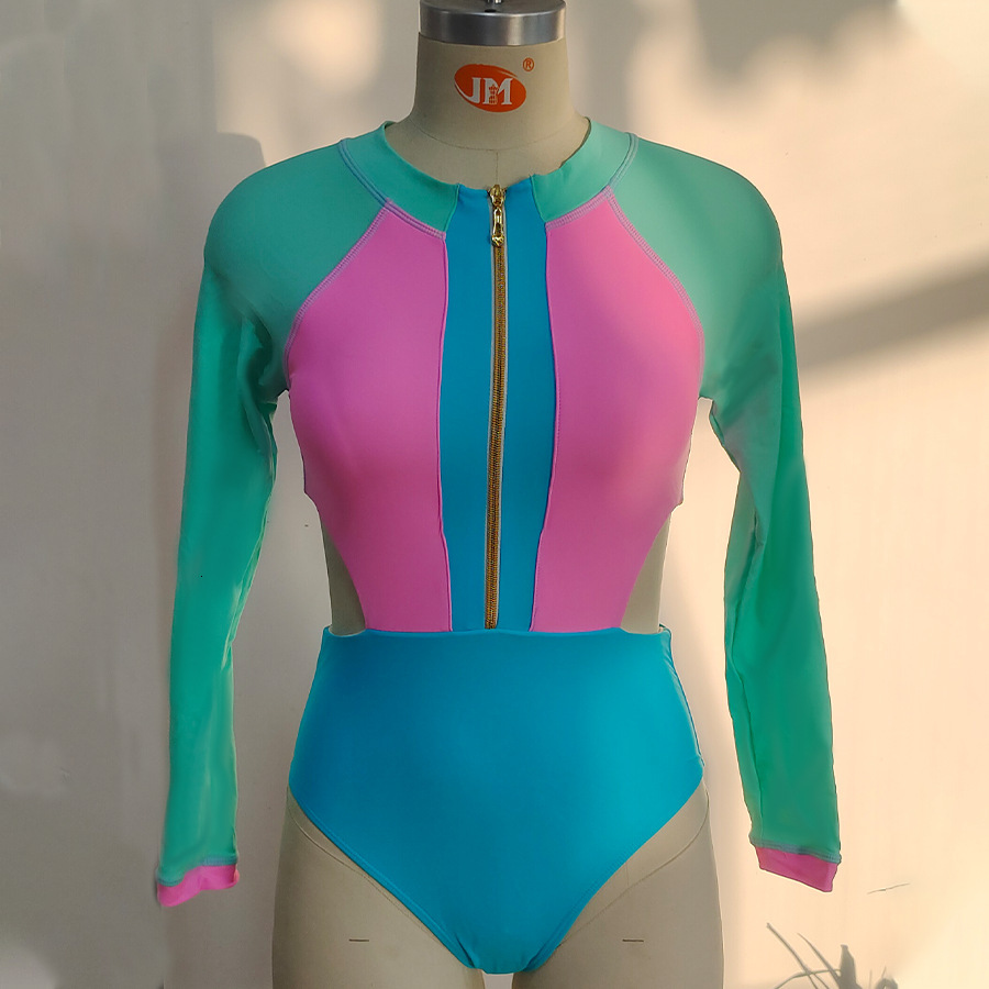 New Long Sleeved Sunscreen One Piece Color Block Tight Swimsuit Women's Sexy Beach Bikini Designer Swimsuit Sexy Bikini