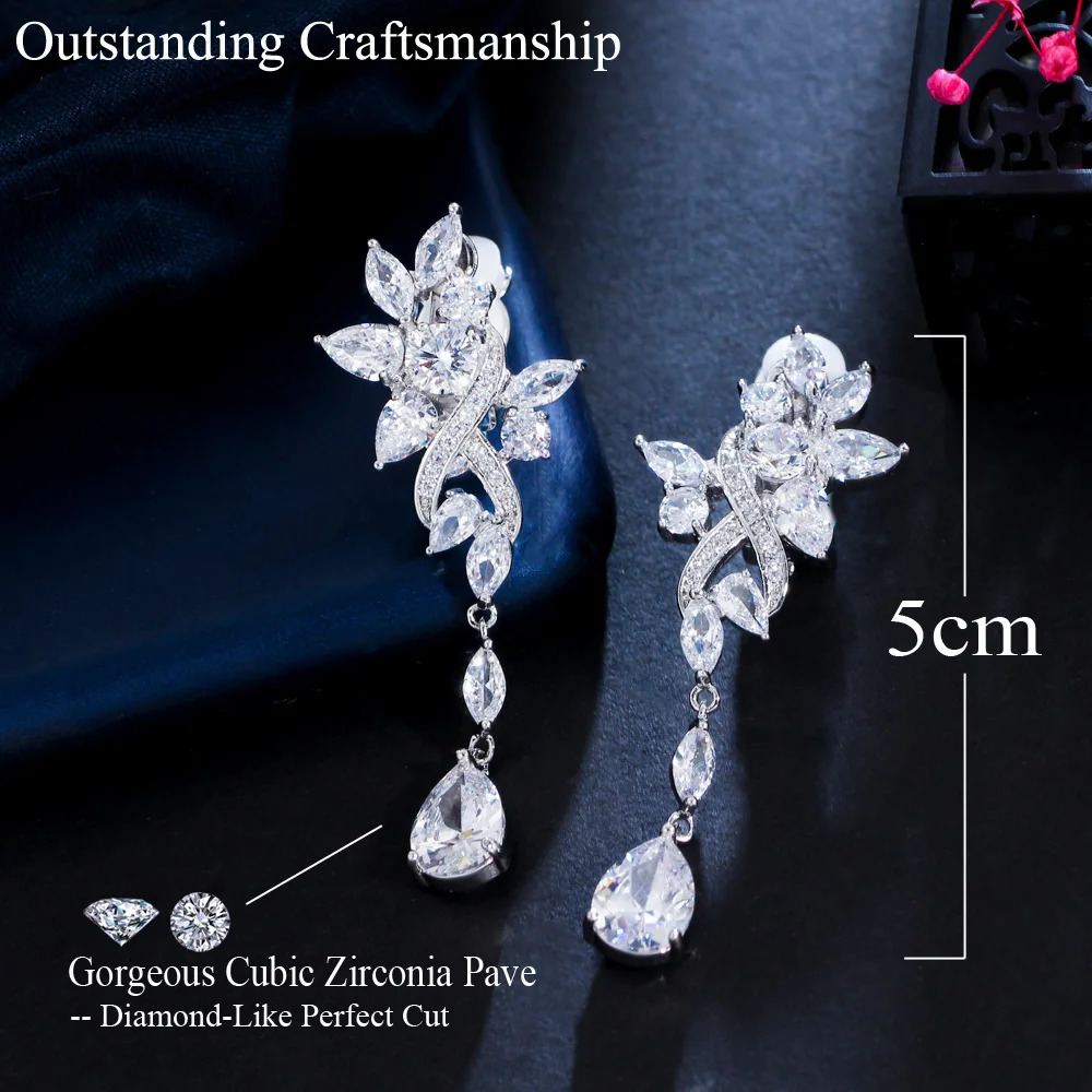 CWWZircons No Ear Hole Style Cubic Zircon Flower Drop Women Wedding Bridal Party Long Clip on Earrings without Piercing CZ274 250103