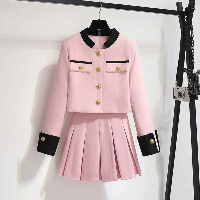 Korean Fashion Two Piece Sets Womens Outifits Autumn Long Sleeved Stand Up Collar Women Coat High Waist Slim Pleated Skirt 250109