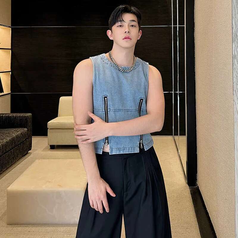 Zipper Splicing Design Fashion Denim Sleeveless Vests Personalized Trendy Street High Quality Men's Tank Tops