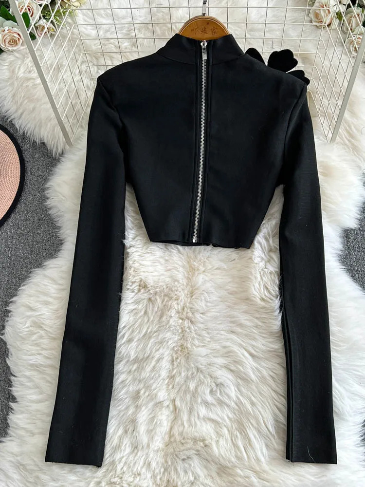 EWQ Elegant Two-piece Set Womens Stand Collar Long Sleeves Diamond Tops With High Waist Split Skirts 2025 Spring 27X1917 250109