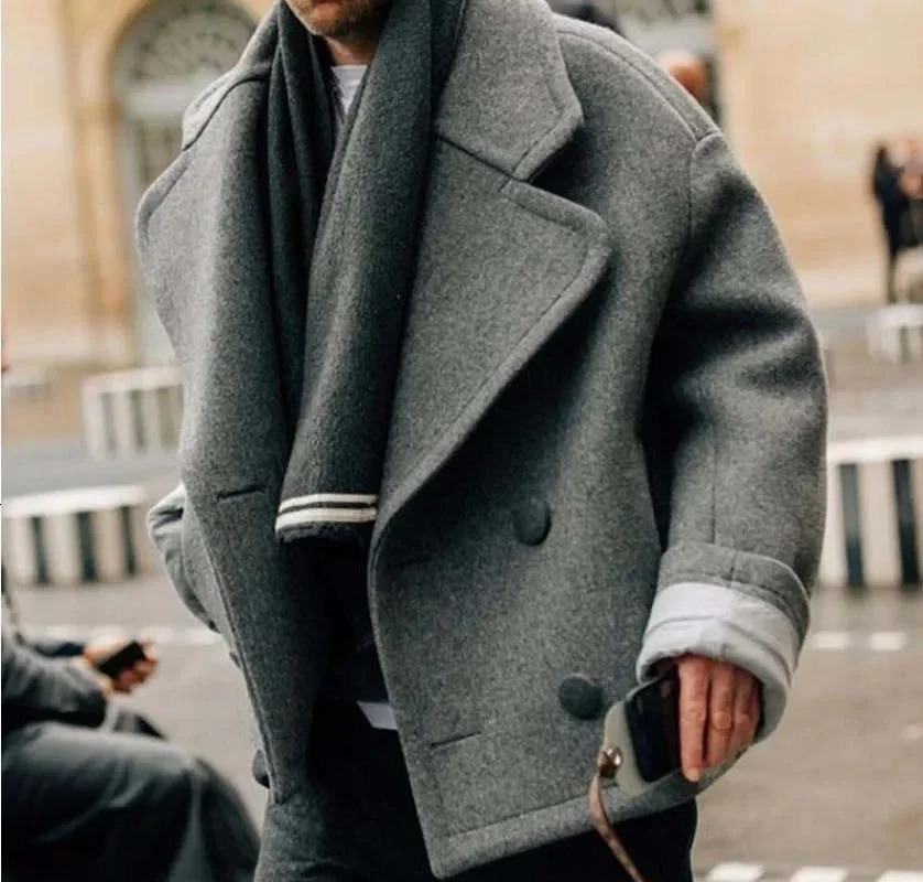2023 Mens Autumn and Winter Fashion Casual Polo Short Drop Shoulder Woolen Coat 250106