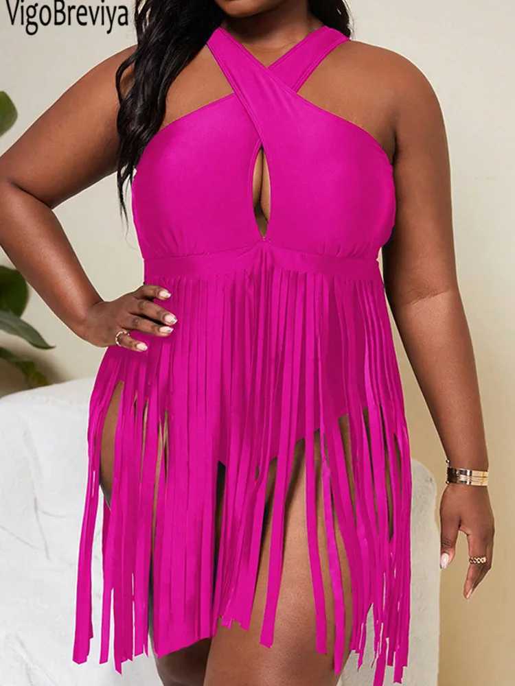 VigoJany 2025 Solid Tassels Plus Size Swimwear Women Push Up Chubby One Piece Swimsuit Cross Hollow Lady Large Bathing SuitXJ240108