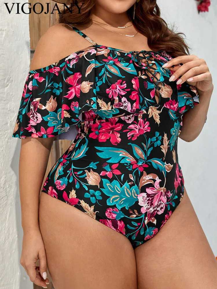 VigoJany 2025 Print Strapped Plus Size Swimwear Women Verge Push Up Large One Piece Swimsuit Beach Chubby Big Bathing SuitXJ240108