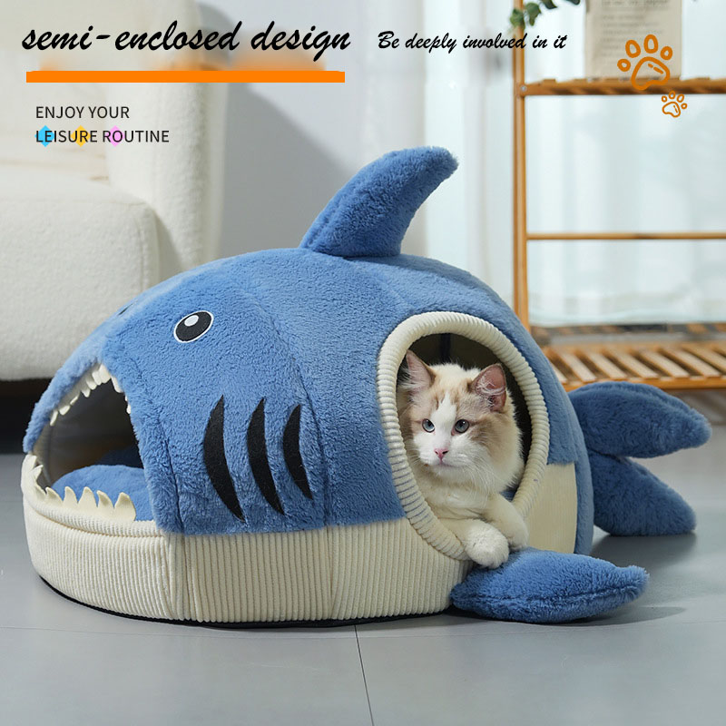 Cute shark cat house dog house plush toy pet all-season universal thickened winter warmth internet celebrity nest