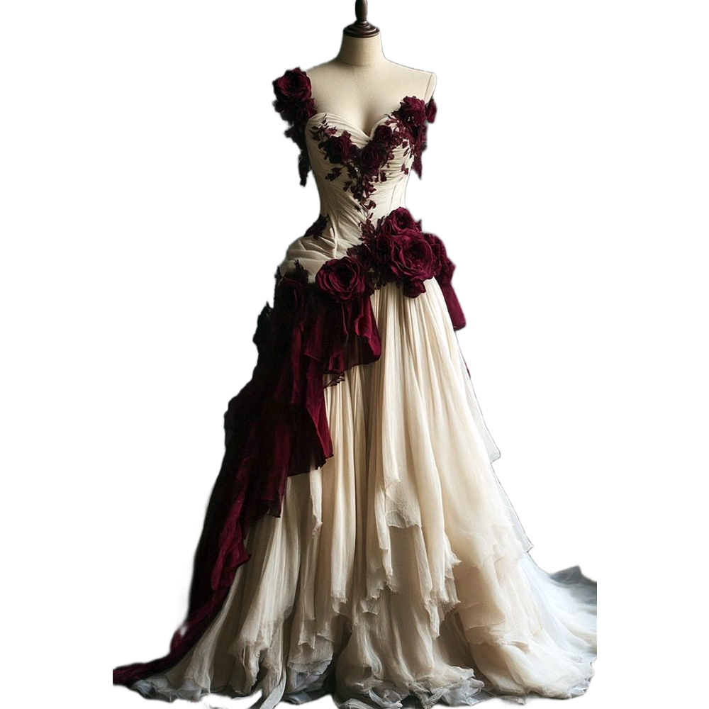 Vintage One Shoulder Evening Dresses 3D Floral Appliques Sweetheart Champagne And Burgundy Long Prom Dress 2025 Elegant Reception Dress