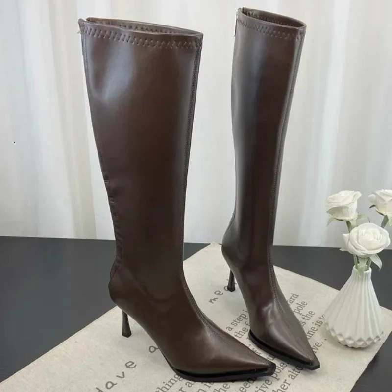 2024 Winter Womens Pointed Toe High Stiletto Heel Pleated Knee High Boots Womens Mid-Leg Comfortable Zapatos De Mujer 250106