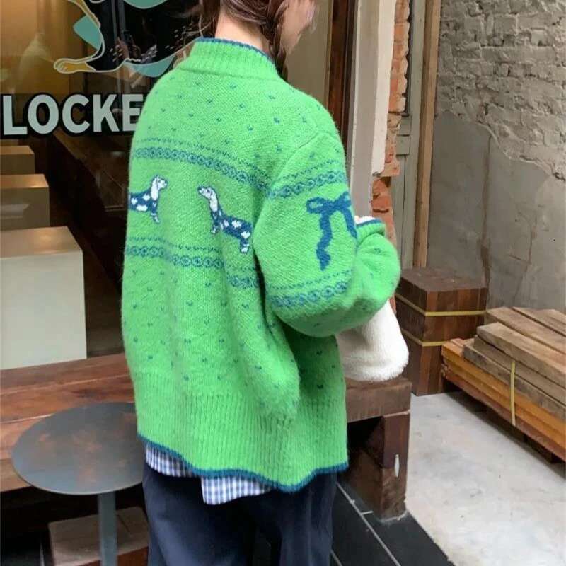 Deeptown Vintage Fair Isle Knitted Cardigan Women Sausage Dog Embroidery Christmas Long Sleeve Sweater Haruku Loose Winter