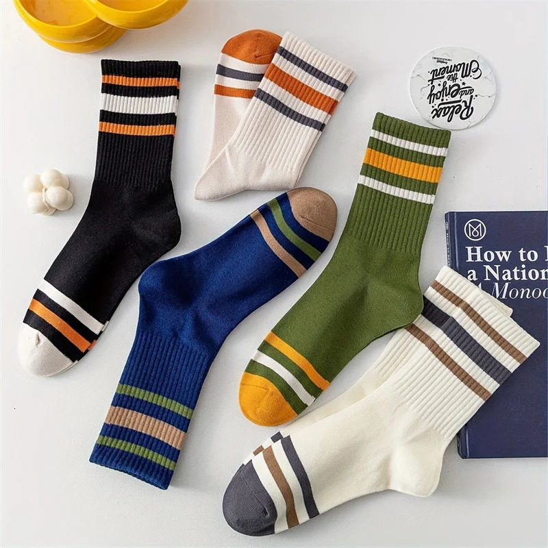 5 Pairs Mens Colorful Striped Casual Socks Fashionable Sports Sweat Absorbing And Breathable Suitable For All Seasons 250108