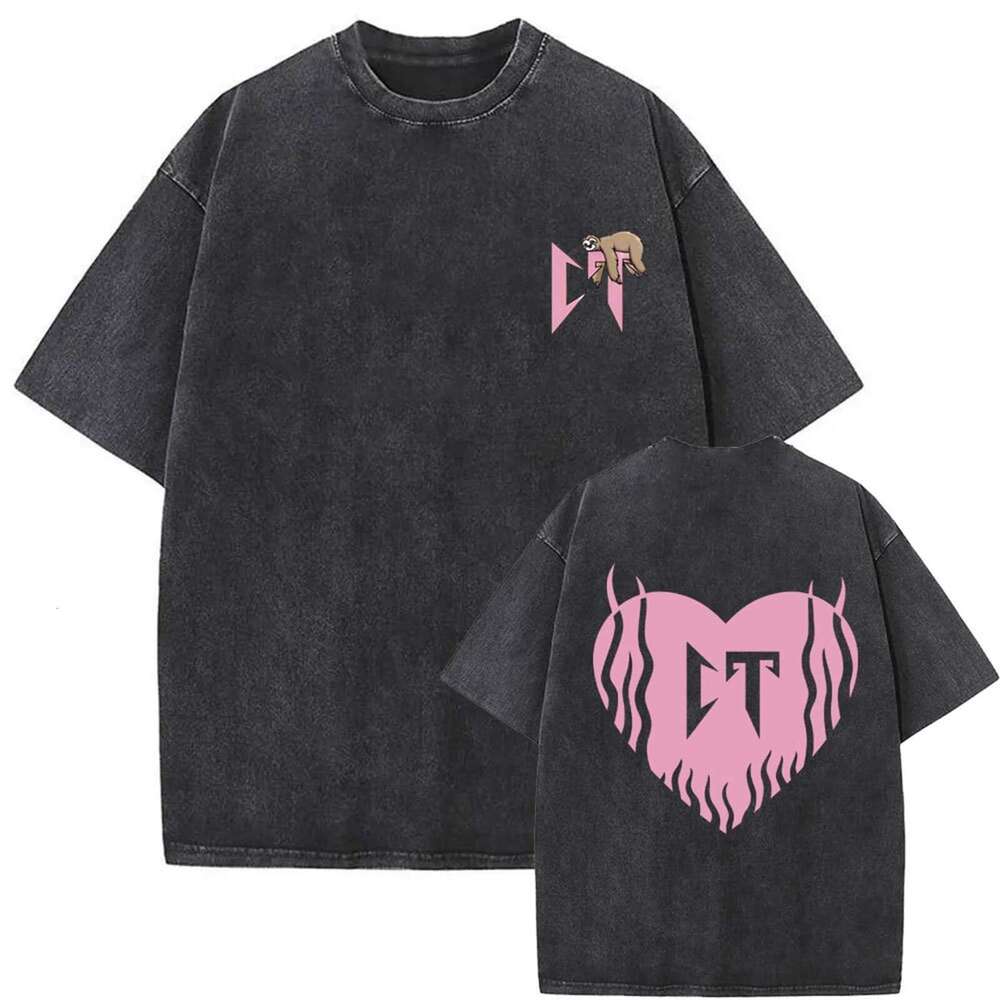 Wash water new loose T-shirt men's red heart letter Cupid love print pattern