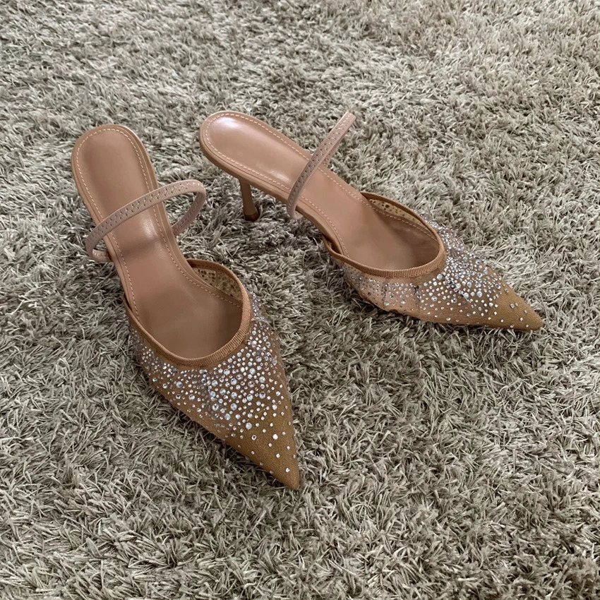 Summer Womens Sandals Rhinestone Bright Mesh High Heels Footwear Elegant Slingback Pointed Slip on Party Lady Pumps Shoes 250106
